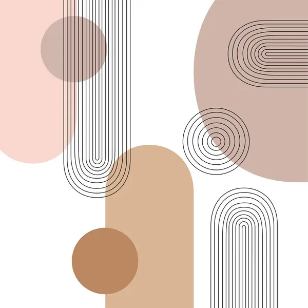 Geometri basit şekilleri, çizgileri ve şekilleri olan minimalist bir sanat posteridir. Markalaşma, web afişi, iş, moda, kumaş üzerine baskı için İskandinav tarzı soyut vektör tasarım şablonu