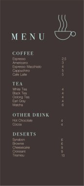 Kafe tasarım menüsü. Kafe için kahve içecek menüsü fiyat listesi, kahve dükkanı vektör şablonu.