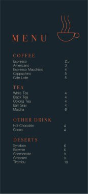 Kafe tasarım menüsü. Kafe için kahve içecek menüsü fiyat listesi, kahve dükkanı vektör şablonu.