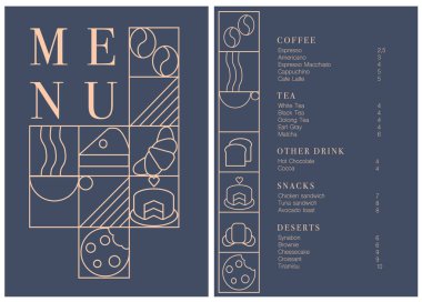 Kafe tasarım menüsü. Kafe için kahve içecek menüsü fiyat listesi, kahve dükkanı vektör şablonu.