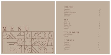 Kafe tasarım menüsü. Kafe için kahve içecek menüsü fiyat listesi, kahve dükkanı vektör şablonu.