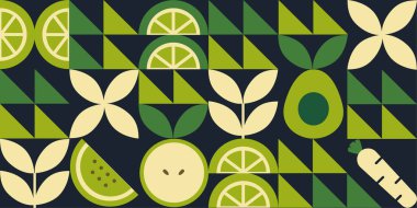 Yeşil geometrik, pürüzsüz mozaik desen çizimi. Organik meyve sebze geometrik deseni. Doğal gıda arka planı basit Bauhaus tarzı, tarım vektör tasarımı. Sağlıklı besin düzeni