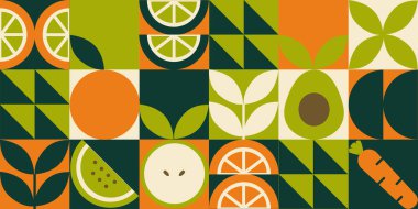 Yeşil geometrik, pürüzsüz mozaik desen çizimi. Organik meyve sebze geometrik deseni. Doğal gıda arka planı basit Bauhaus tarzı, tarım vektör tasarımı. Sağlıklı besin düzeni