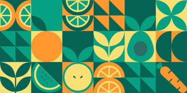 Yeşil geometrik, pürüzsüz mozaik desen çizimi. Organik meyve sebze geometrik deseni. Doğal gıda arka planı basit Bauhaus tarzı, tarım vektör tasarımı. Sağlıklı besin düzeni