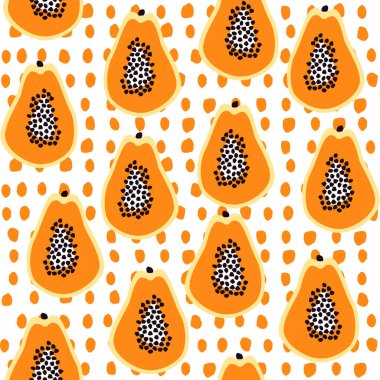 Egzotik meyve deseni. Papaya geçmişi. Papaya meyveli, tropik, pürüzsüz bir desen. Turuncu patili arka plan. Tekstil, dijital kağıt, kumaş, baskı ve dekorasyon için egzotik meyve arkaplanı. 