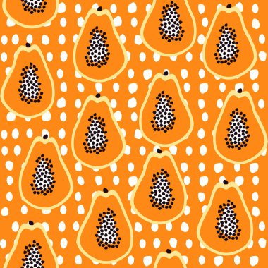 Egzotik meyve deseni. Papaya geçmişi. Papaya meyveli, tropik, pürüzsüz bir desen. Turuncu patili arka plan. Tekstil, dijital kağıt, kumaş, baskı ve dekorasyon için egzotik meyve arkaplanı. 