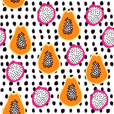 Egzotik meyve deseni. Papaya ve pitahaya geçmişi. Papaya meyveli, tropik, pürüzsüz bir desen. Turuncu patili arka plan. Tekstil, dijital kağıt, kumaş, baskılar için egzotik meyve arkaplanı