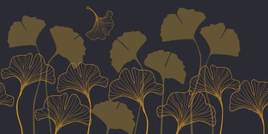 Ginkgo kusursuz iz bırakır. Vektör bitkisel illüstrasyon, çiçek arkaplanı. Altın ginkgo yapraklı lüks ve zarif bir arka plan. Çizgileri olan şık botanik tasarımı 