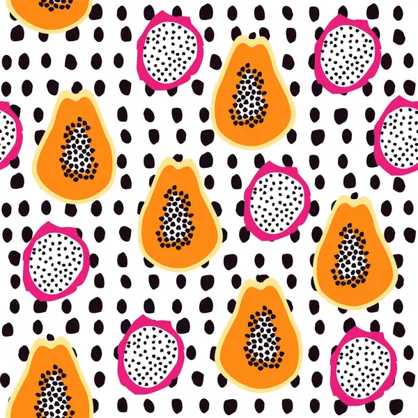 Egzotik meyve deseni. Papaya ve pitahaya geçmişi. Papaya meyveli, tropik, pürüzsüz bir desen. Turuncu patili arka plan. Tekstil, dijital kağıt, kumaş, baskılar için egzotik meyve arkaplanı
