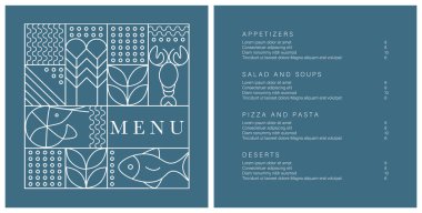 Deniz ürünleri menüsü şablonu. Balık restoranının tasarım şablonu. Vektör çizimi. Örnek tasarım. Marka stili vektör illüstrasyonu. Kafe, restoran, bar için vektör menü broşürü.