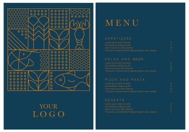 Deniz ürünleri menüsü şablonu. Balık restoranının tasarım şablonu. Vektör çizimi. Örnek tasarım. Marka stili vektör illüstrasyonu. Kafe, restoran, bar için vektör menü broşürü.