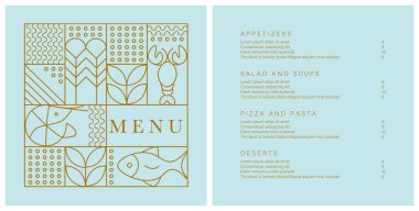 Deniz ürünleri menüsü şablonu. Balık restoranının tasarım şablonu. Vektör çizimi. Örnek tasarım. Marka stili vektör illüstrasyonu. Kafe, restoran, bar için vektör menü broşürü.