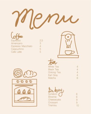 Kafe broşürü, kahve dükkanı menüsü tasarımı. Restoran menüsü tasarımı. El yapımı kahve çekirdekleri, kahve makinesi, paket kahve, fırın ve tatlı illüstrasyonu.. 