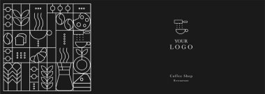 Web afişi. Fırın ve kahvenin el çizimi. Simgeler. Soyut geometrik çizgi arkaplanı. Altın lüks. Kapak tasarımı, yemek paketi, menü, arkaplan, kafe duvarı, kafe,
