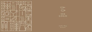 Web afişi. Fırın ve kahvenin el çizimi. Simgeler. Soyut geometrik çizgi arkaplanı. Altın lüks. Kapak tasarımı, yemek paketi, menü, arkaplan, kafe duvarı, kafe,