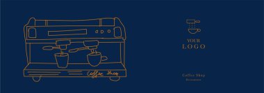 Fırın ve kahvenin el çizimi. Simgeler. Soyut geometrik çizgi arkaplanı. Altın lüks. Kapak tasarımı, yemek paketi, menü, arkaplan, kafe duvarı, kahve dükkanı, web afişi için desen