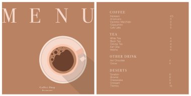 Kafe tasarım menüsü. Kafe için menü fiyatları listesi, kahve dükkanı vektör şablonu. Kahve doğrusal izi. Geometrik minimalist tarzda kahve temalı desen. 