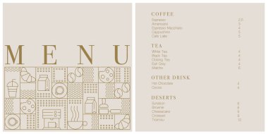 Kafe tasarım menüsü. Kafe için menü fiyatları listesi, kahve dükkanı vektör şablonu. Kahve doğrusal izi. Geometrik minimalist tarzda kahve temalı desen. 