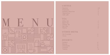 Kafe tasarım menüsü. Kafe için menü fiyatları listesi, kahve dükkanı vektör şablonu. Kahve doğrusal izi. Geometrik minimalist tarzda kahve temalı desen. 