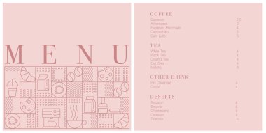 Kafe tasarım menüsü. Kafe için menü fiyatları listesi, kahve dükkanı vektör şablonu. Kahve doğrusal izi. Geometrik minimalist tarzda kahve temalı desen. 