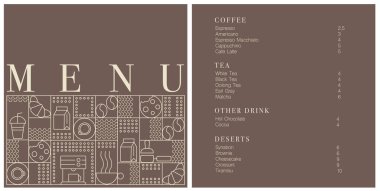 Kafe tasarım menüsü. Kafe için menü fiyatları listesi, kahve dükkanı vektör şablonu. Kahve doğrusal izi. Geometrik minimalist tarzda kahve temalı desen. 
