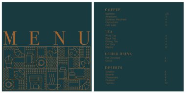 Kafe tasarım menüsü. Kafe için menü fiyatları listesi, kahve dükkanı vektör şablonu. Kahve doğrusal izi. Geometrik minimalist tarzda kahve temalı desen. 