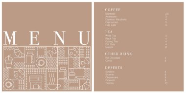 Kafe tasarım menüsü. Kafe için menü fiyatları listesi, kahve dükkanı vektör şablonu. Kahve doğrusal izi. Geometrik minimalist tarzda kahve temalı desen. 