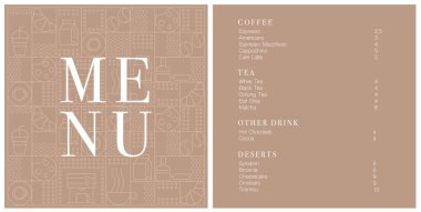 Kafe tasarım menüsü. Kafe için menü fiyatları listesi, kahve dükkanı vektör şablonu. Kahve doğrusal izi. Geometrik minimalist tarzda kahve temalı desen. 