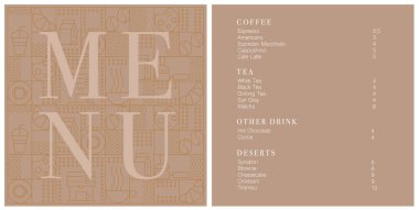 Kafe tasarım menüsü. Kafe için menü fiyatları listesi, kahve dükkanı vektör şablonu. Kahve doğrusal izi. Geometrik minimalist tarzda kahve temalı desen. 