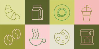 Fırın ve kahvenin el çizimi. Simgeler. Soyut geometrik çizgi arkaplanı. Altın lüks. Kapak tasarımı, yemek paketi, menü, arkaplan, kafe duvarı, kahve dükkanı, web afişi için desen
