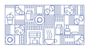 Fırın ve kahvenin el çizimi. Simgeler. Soyut geometrik çizgi arkaplanı. Altın lüks. Kapak tasarımı, yemek paketi, menü, arkaplan, kafe duvarı, kahve dükkanı, web afişi için desen