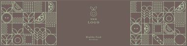 Web afişi. El çizimi çizimi. Organik meyve, sebze, balık, deniz ürünleri, kahve ve fırın geometrik deseni. Soyut geometrik çizgi arkaplanı. Altın lüks sağlıklı yiyecek deseni