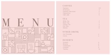 Kafe tasarım menüsü. Kafe için menü fiyatları listesi, kahve dükkanı vektör şablonu. Kahve doğrusal izi. Geometrik minimalist tarzda kahve temalı desen. 
