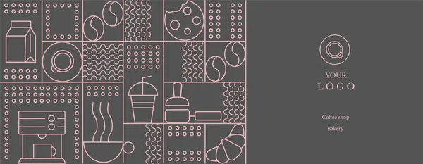 Fırın ve kahvenin el çizimi. Simgeler. Soyut geometrik çizgi arkaplanı. Altın lüks. Kapak tasarımı, yemek paketi, menü, arkaplan, kafe duvarı, kahve dükkanı, web afişi için desen