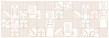 Fırın ve kahvenin el çizimi. Simgeler. Soyut geometrik çizgi arkaplanı. Altın lüks. Kapak tasarımı, yemek paketi, menü, arkaplan, kafe duvarı, kahve dükkanı, web afişi için desen