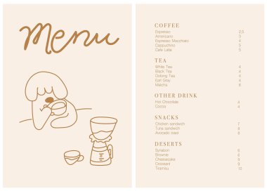 Kafe broşürü, kahve dükkanı menüsü tasarımı. Restoran menüsü tasarımı. El yapımı kahve çekirdekleri, kahve makinesi, paket kahve, fırın ve tatlı illüstrasyonu.. 