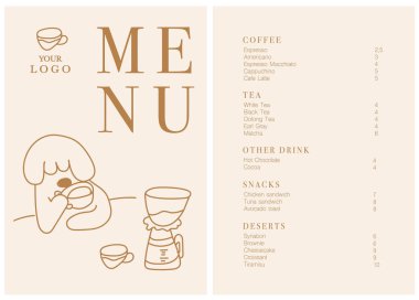 Kafe broşürü, kahve dükkanı menüsü tasarımı. Restoran menüsü tasarımı. El yapımı kahve çekirdekleri, kahve makinesi, paket kahve, fırın ve tatlı illüstrasyonu.. 