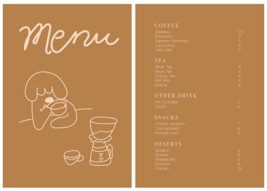 Kafe broşürü, kahve dükkanı menüsü tasarımı. Restoran menüsü tasarımı. El yapımı kahve çekirdekleri, kahve makinesi, paket kahve, fırın ve tatlı illüstrasyonu.. 