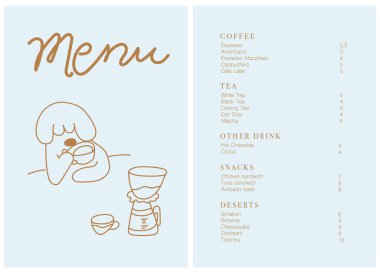 Kafe broşürü, kahve dükkanı menüsü tasarımı. Restoran menüsü tasarımı. El yapımı kahve çekirdekleri, kahve makinesi, paket kahve, fırın ve tatlı illüstrasyonu.. 