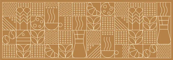 stock vector Hand drawn illustration of Bakery and Coffee. Icons. Abstract geometric line background. Gold luxury. Pattern for cover design, food package, menu, background, caf wall, coffee shop, web banner