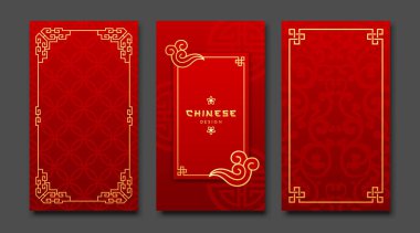 Chinese frame style three borders vertical banners collections on gold and red background, Eps 10 vector illustration