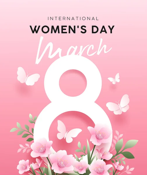 International Happy Women Day March Flowers Butterfly Poster Design Pink — ストックベクタ