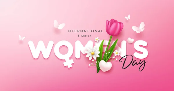 Happy Women Day Tulip Flowers Butterfly Banner Design Pink Background — Stockový vektor