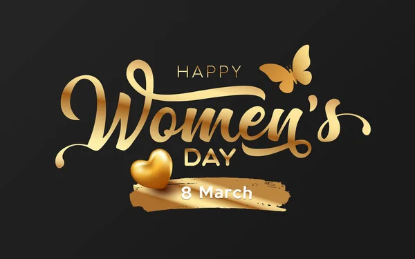 Happy Women Day Message Butterfly Heart Golden Design Black Background — Image vectorielle