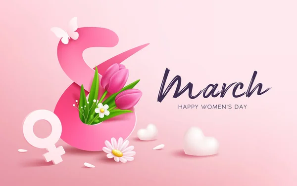 March Happy Women Day Tulip Flowers Butterfly Heart Banner Concept — Stockový vektor