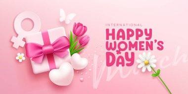 Happy women's day gift box pink bows ribbon with tulip flowers and butterfly, heart, white flower, banner concept design on pink background, EPS10 Vector illustration. clipart