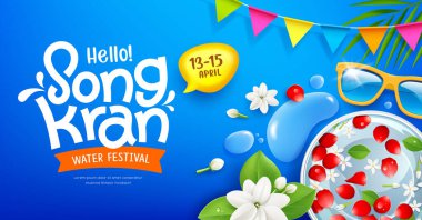 Songkran festivali mesajı, yasemin, su ve çiçek kasesinde, hindistan cevizi yaprağı, su damlası ve bayrak afişi mavi arka planda, Eps 10 vektör illüstrasyonu