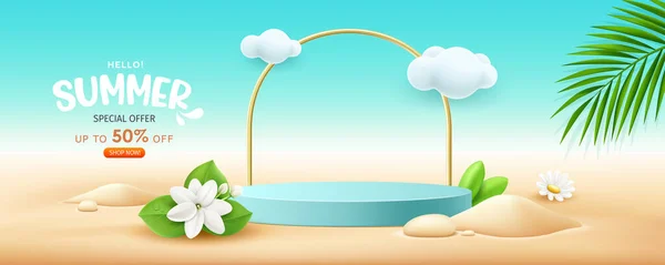 夏のディスプレイ表彰台青い色の販売 花やココナッツの葉の砂のバナーデザインの山 雲と砂のビーチの背景に Eps 10ベクトルのイラスト — ストックベクタ
