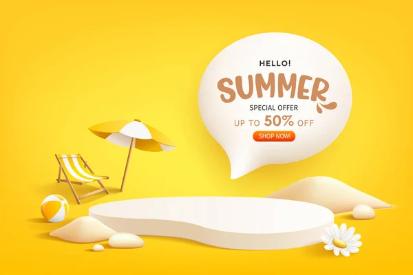 夏の表彰台 砂の山 ビーチの傘 ビーチチェアとビーチボール スピーチバブルスペースポスターデザイン 黄色の背景に Eps 10ベクトルのイラスト — ストックベクタ