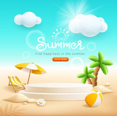 Summer podium display, pile of sand, flowers, coconut tree, beach umbrella, beach chair, poster flyer design, on cloud and sand beach background, EPS 10 vector illustration clipart